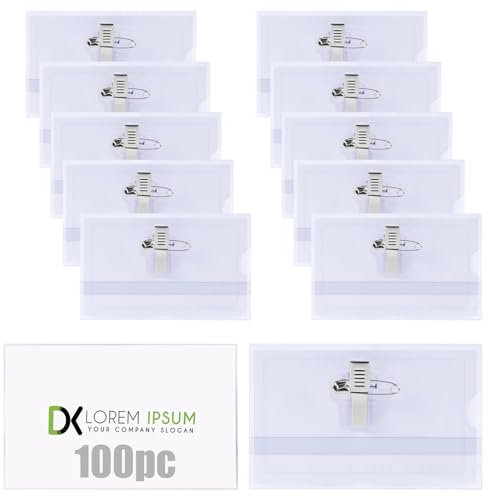 Vicloon Namensschilder, 100 Stück Kunststoff Namensschilder, 56 x 90 mm, Ausweishülle mit Clip und Anstecknadel, Transparent Ausweishalter für Ausweis ID Karte