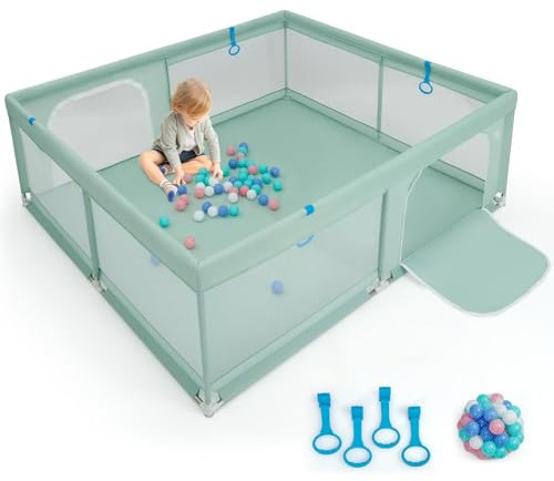 COSTWAY 200 x 180cm Laufstall baby faltbar, Laufgitter mit 50 Ozeanbällen & 4 Griffen, Krabbelgitter mit atmungsaktiver Mesh & Tür, Laufgitterzelt für Säuglinge und Kinder (Grün)