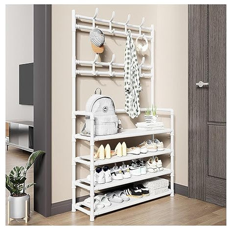 KemNet Portemanteau avec Étagère à Chaussures à 4 Niveaux, Industriel Portemanteau Vestiaire, Porte-Manteau sur Pied Blanc avec Cadre, Assemblage Facile, Charge 25kg, pour Entrée, Chambre
