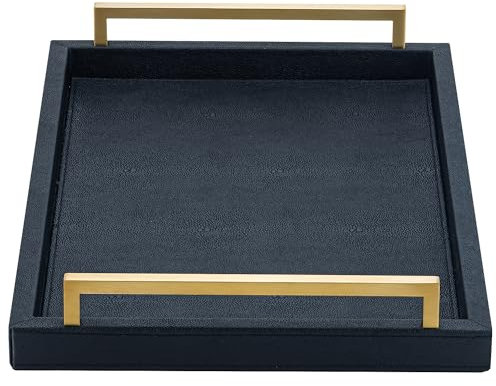XIGEXIGE Black Faux Leather Serving Tray, 17x12 inches, Brushed Gold Handles, Decorative Tray for Ottoman Coffee Table, Living Room, Kitchen, Bathroom