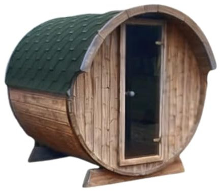 Tonneau Sauna d'extérieur en kit chaudière électrique COMPRISE, 2 à 4 personnes 2,20m x diam 1,96m / hauteur 2,15m shingle vert
