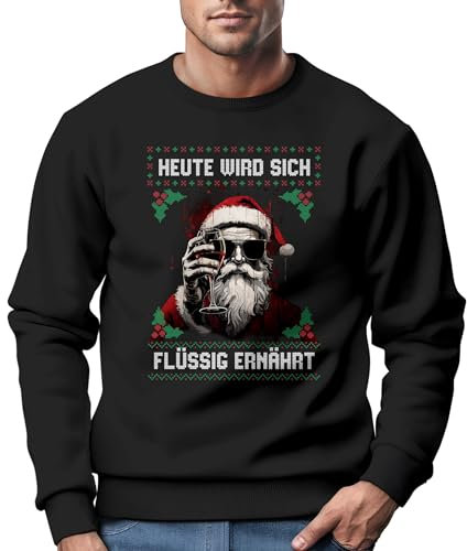 MoonWorks® Sweatshirt Herren Weihnachten Spruch lustig Heute Wird Sich flüssig ernährt Alkohol Wein Bier Ugly Xmas Sweater Weinglas schwarz M