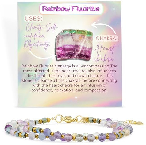 Farfume Armband Damen Edelstein Perlen Armbänder, Chakra 4mm Kristall Natürliche Echte Steine Schmuck Geschenke für Frauen(Regenbogen-Fluorit)