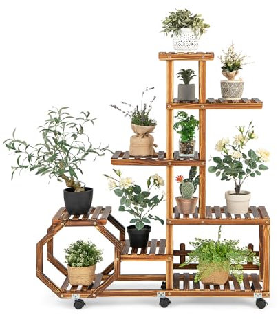 HOMASIS Jardinera 6 Niveles, Jardinera de Madera con Ruedas, Jardinera con Varios Niveles, Escalera de Flores para Interior y Exterior, Escalera de Plantas para salón, balcón (107x29x126cm)