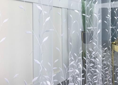 Gardinen Vorhangen Costarica Weiß 250x160 cm (BxH) Kurz Tüll Gardinen mit Floraler Stickerei Kräuselband Scheibengardine Wohnzimmer Vorhänge Fenstergardinen Stores Transparent Kurzstores