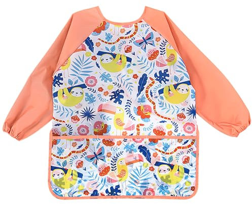 REEKNOKOL Tablier pour enfants, de 3 à 8 ans, tablier imperméable pour enfants, tablier de peinture à manches longues pour enfants, avec poche pour peindre, cuisiner, manger, arts et artisanat (rose)