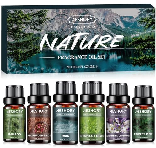 AESHORY Natürlich Ätherische Öle Set für Diffuser 6 x 10ML, Aromatherapie Duftöl, Aroma Öl Geschenkset für SPA, Kerzenherstellung - Bambus, Regen, Wald Kiefer, Sandelholz & Rose, Lavendel & Kamille