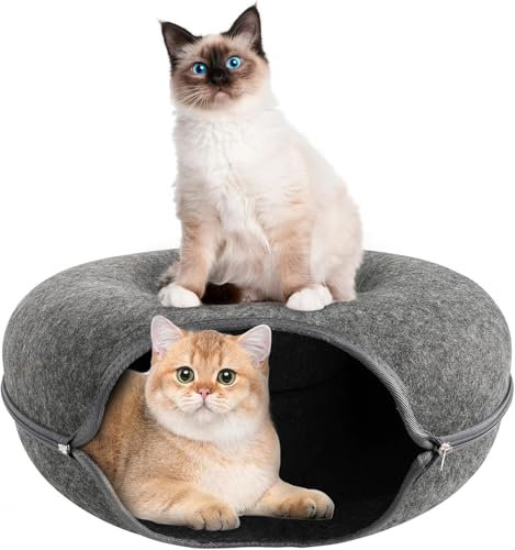 Rinwywey Katzentunnel Filztunnel, Katzentunnel Rund Mit Schlafplatz Katzenspielzeug für Indoor-Katzen Donut Katzenhöhle für Draußen Zerlegbares und Waschbares Katzentunnelspielzeug (50x50x20cm)
