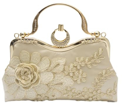 CORIOS Damen Abendtasche Blumenstickerei Clutch Hochzeit Brautbörse Handtasche Retro Schultertasche Elegante Umhängetasche Luxuriös Bankett-Party Klein Tasche Gold