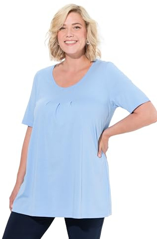 Ulla Popken Damen große Größen Übergrößen Plus Size T-Shirt, Zierfalten, A-Linie, Rundhals, Halbarm, Modal lichtblau 46+ 796473719-46+