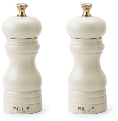 Bill.F Salt and Pepper Grinder Set, Wood Pepper Mill Set of 2 Manual Salt Pepper Shakers Grinder Refillable 5 Inch with Adjustable Ceramic Grinding Rotor(Set of 2 Cream)