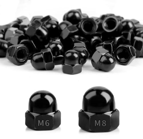 SWTYExt 70 Stück Hutmuttern M6/M8 Hutmutter DIN 1587 Schwarz Hohe Form Hochwertige Kappenmuttern Sechskant Hutmuttern Hartmetall Stahl für Fahrrad Schrauben Gewindestangen
