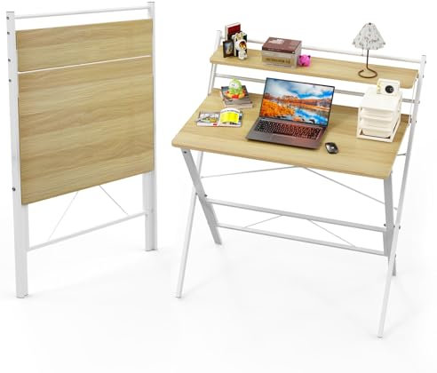 Lvhecforhm Table Pliante 80X50cm avec Étagère à 2 Niveaux - Bureau d'Ordinateur Portable pour Petit Espace - Chêne