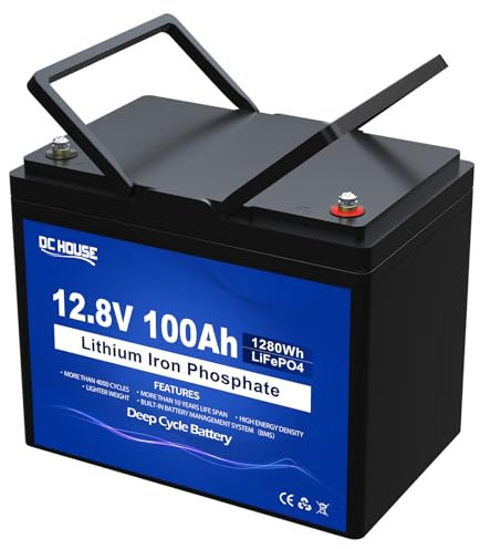 Batería de litio DCHOUSE 12V 100Ah, con hasta 15000 ciclos y una potencia máxima de 1280Wh, es muy adecuada para autocaravanas, paneles solares, caravanas, barcos y sistemas aislados