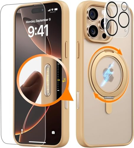 JUESHITUO 360°Drehbarer Ständer für iPhone 16 Pro Hülle mit Camera Control Button, [Vergilbungsfrei] Vollständiger Kameraschutz, Militärschutz Handyhülle für Magsafe, Stoßfest Schutzhülle, Matt Gold