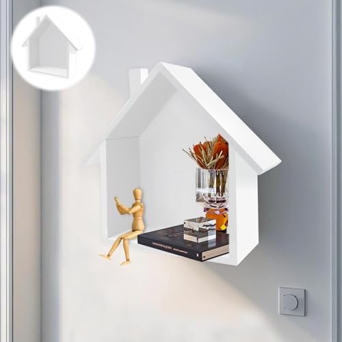Erzekrim Holzhaus Regal Wichtelhaus HolzhausDekoration Nostalgische Wand Dekoration Regal Vitrine mit kleinem Holzhaus Holzrahmen Haus Minimalistischen für Wohnzimmer, Büro (White)