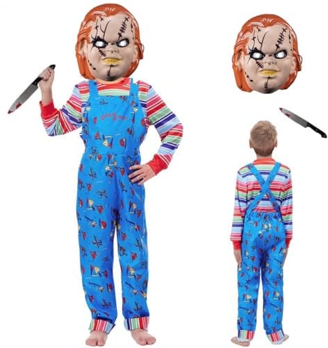 Claofoc Chucky Kostüm für Kinder gestreifter Overall Chucky Maske Plastikmesser Jumpsuit Kinder Horror Halloween Karneval Kostüm Cosplay (M)