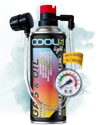 COOL5 gas r134a bombola ricarica auto, gas refrigerante r134a per clima auto COOL5 HOBBY 2 in 1 + tubo flessibile integrato con manometro