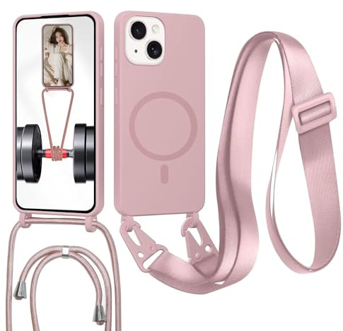 Coque pour iPhone 15 Plus avec Cordon, (Compatible avec MagSafe) Etui avec Collier - Tour de Cou Lanière en Corde - Silicone Housse avec Réglable Chaine pour iPhone 15 Plus,Bandouliere,Or Rose