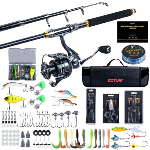 Goture Angelset mit Teleskop-Angelruten (24T Carbon), 2,4m Angelrute Set Komplett 5.2:1 Spinnrolle, 150m/14kg Schnur, Köderbox & Tragetasche – für Salz-/Süßwasser, Reisen–Angelgeschenk