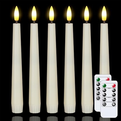 Bryxidor 6pcs Flameless Plastic 2cm x20cm Short LED Taper Candles with 2 Remote Controls, Battery Operated Timer Function Ivory Flickering Window Warm Light Candlesticks