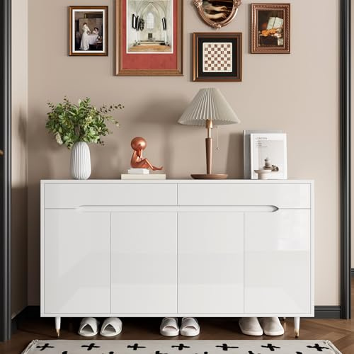 Soweiz Zapatero moderno con dos puertas, dos cajones, estantes ajustables y patas doradas, espacio para 18-24 pares de zapatos, 140 x 39 x 84 cm (largo x ancho x alto)