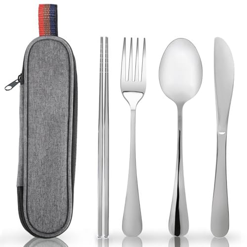 Cubiertos Camping de Acero Inoxidable para Llevar | Cuchara, Tenedor, Cuchillo, Palillos Cubiertos, Estuche de Cubiertos para Llevar al Trabajo, Viaje, Acampadas y Campamento