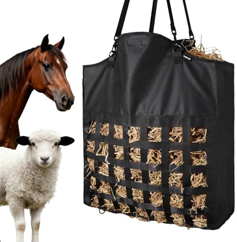 VEVOR Hay Bag for Horses, 21.65 x 7.28 x 25.2 in, 1.81 x 1.81 in Holes, Premium Nylon Construction with PVC Waterproof Coating, Adjustable Hanging Straps and Metal Hooks, Slow Feed Hay Bag for Horses