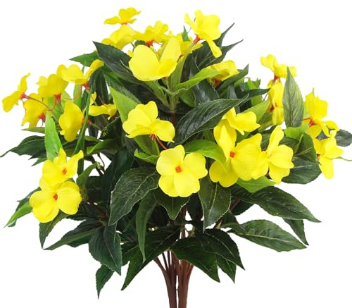 CEWUDA 2 Pcs Artificial Impatiens Flowers Faux Impatiens Bushes Yellow Silk Flowers Greenery Artificial Impatiens Bouquet for Outdoors Patio Lawn Garden Pot Hanging Basket Porch Decoration