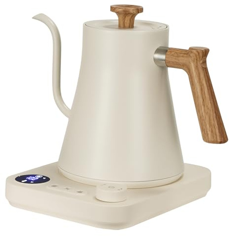 Electric Gooseneck Kettle 0.9L with LCD Display, 304 Stainless Steel Pour-Over Coffee & Tea Hot Water Boiler, Automatic Temperature Control, 1200W Quick Heating Tea Pot White