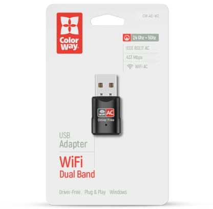 ColorWay Dual Band Wi-Fi USB Adapter AC433, WLAN USB Stick, 2,4 GHz bis 200 Mbit/s & 5 GHz bis 433 Mbit/s, IEEE 802.11ac, Plug & Play, Windows 7/10/11, Grau, CW-AD-W2