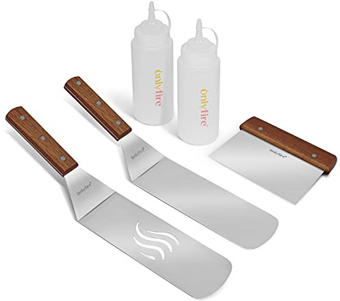 onlyfire Grillspachtel Plancha Kit aus Edelstahl für Grillplatte, enthält: 2X Pfannenwender, 1x Spachtel, 2X Spritzflasche