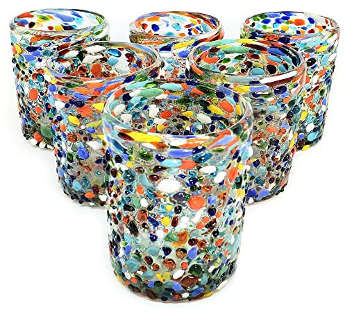 MexHandcraft Confetti Rocks 10 oz Tumbler Glasses (set of 6) Mexican Handmade Multicolor Glassware, Recycled Glass, Lead-free, Toxin-Free (Tumbler)