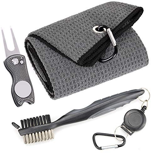 Mile High Life Mikrofaser Waffelmuster Golf Handtuch Club Groove Cleaner Brush Faltbares Divot-Werkzeug mit magnetischem Kugelmarker