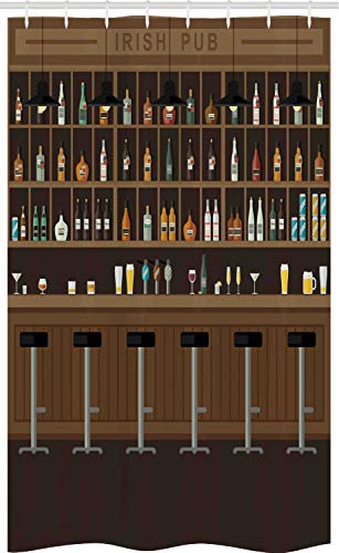ABAKUHAUS Irish Pub Schmaler Duschvorhang, Barhocker und Flaschen, Badezimmer Deko Set aus Stoff mit Haken, 120 x 180 cm, Mehrfarbig