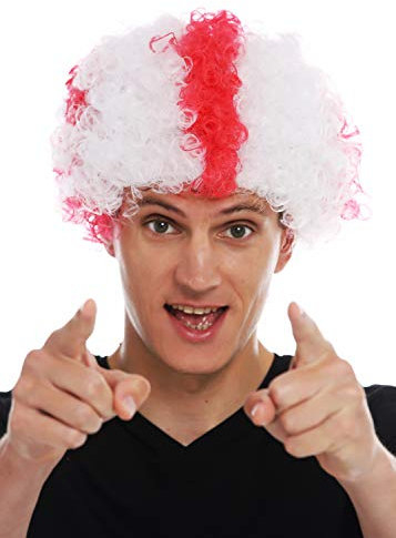 WIG ME UP - MMAM-15M Perücke Karneval Afro Fan-Perücke Fußball WM England Rotes Kreuz auf Weiß