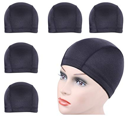 5 pcs Black Dome Cap for Wig Making Stretchable Hairnets with Wide Elastic Band (L)