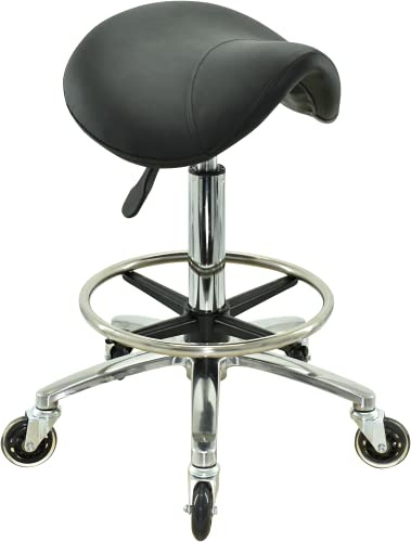 VAKON SALON - Sattelsitz Rollhocker höhenverstellbar von 55-75 cm auf Premiumrollen und Fußring, Drehhocker, Rollhocker, Praxishocker, Bürohocker, Sattelhocker