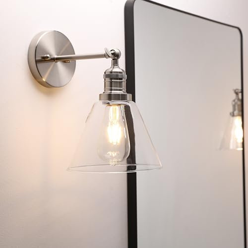 Phansthy Vintage Wall Light 7.1 Diameter Industrial Funnel Shaped Glass Wall Sconce Suitable for Kitchen Living Room Hallway Bedroom Vanity Mirror Decorative Light E27 Copper Base (Brushed)