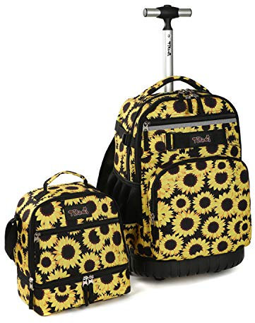 Tilami Rollrucksack 19 Zoll mit Lunchtasche, Rollen, Laptop-Rucksack, Sonnenblume, 18 inch, Kinder-Rucksack-Set