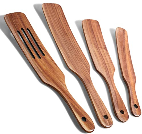 4 PCS Wooden Spurtles Cooking Utensils Set, Natural Acacia Wood Kitchen Tools Set for Stirring Mixing When Cooking Steak Salad Butter