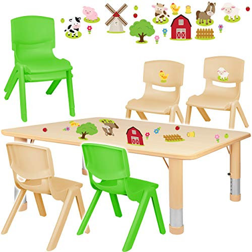 alles-meine.de GmbH Sitzgruppe für Kinder - Tisch + 6 Kinderstühle - Größen & Motiv & Farbwahl - Bauernhof Tiere/Holz farben - höhenverstellbar - 1 bis 8 Jahre - Plastik - für ..