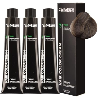 FemMas Tinte para el cabello 3x Rubio Oscuro Ceniza Intensivo 6.11 | Crema colorante con aceite de argán, queratina y ceramidas | Coloración duradera o tinte para resultados de color brillantes | 100