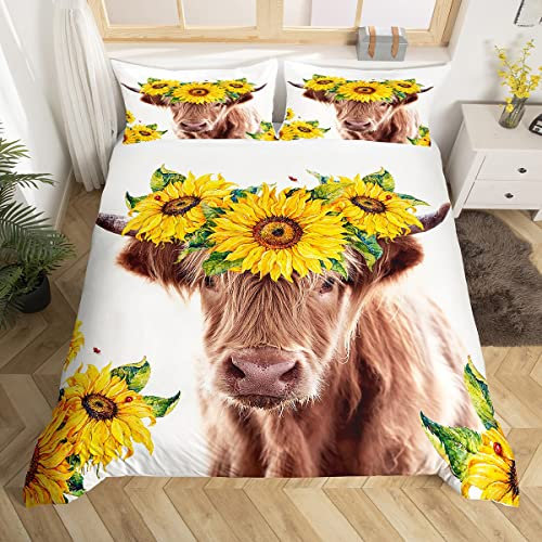 Bettwäscheset mit Hochlandrindern, süßes Blumenmuster, Kuh-Bettwäsche-Set, 2-teilig, für Kinder, Jungen und Mädchen, Bettbezug mit 1 Kissenbezug (ohne Decke), Doppelbett-Größe