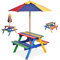 RELAX4LIFE Kindersitzgruppe mit Sonnenschirm Ø 120 cm, Gartenmöbel Set mit 1 Tisch & 2 Bänke, Picknicktisch Massivholz, Kindermöbel für Picknick, Kindersitzgarnitur Indoor Outdoor bis 4, Bunt