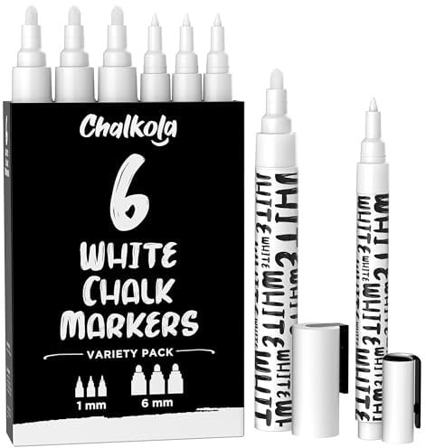 Chalkola White Chalk Pens - White Dry Erase Liquid Chalk Pens for Chalkboard, Blackboard, Window, Bistro, Car Glass, Board, Signs - Variety Pack of 6 - (3x) 1mm & 6mm
