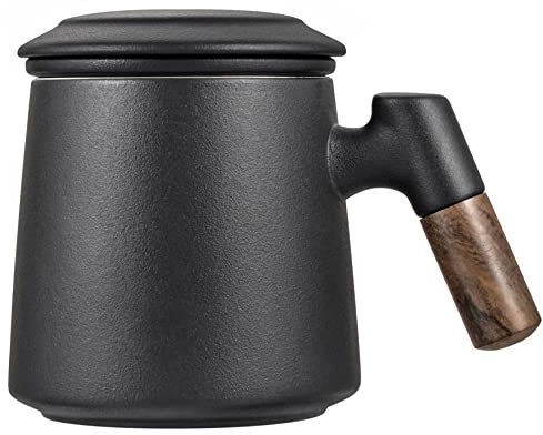 Tasse à Thé en Céramique avec Infuseur et Couvercle, Tasse avec Poignée en Bois 400 ml / 13 oz pour Maison et Bureau