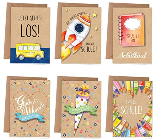 Papierdrachen 6 Grußkarten als Klappkarte inklusive Umschlag zur Einschulung - Grüße für das Schulkind - kindgerechte Glückwunschkarten zum Schulanfang - Set 2