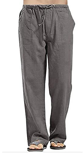 Pantalon de yoga décontracté en lin de couleurs unies pour homme, coupe décontractée, jambes droites, gris foncé, S