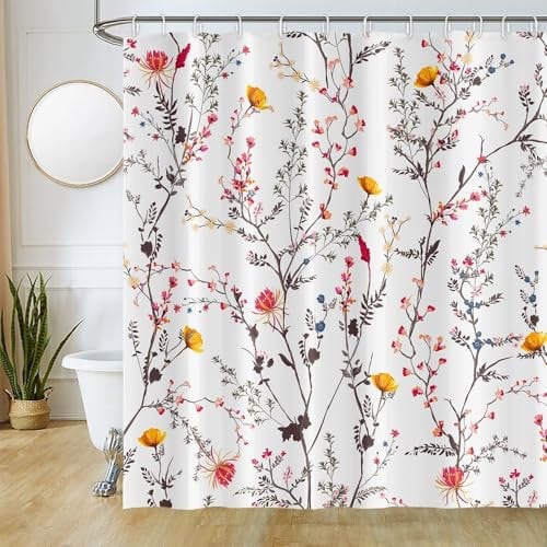 Uiiooazy Duschvorhang Blumen Rosa, Duschvorhang Blumen Vintage Pflanzen Duschvorhäng Anti Schimmel Wasserdicht Polyester Stoff Blickdicht Waschbar Bad Vorhang mit 12 Haken für Badezimmer 180Bx180Hcm